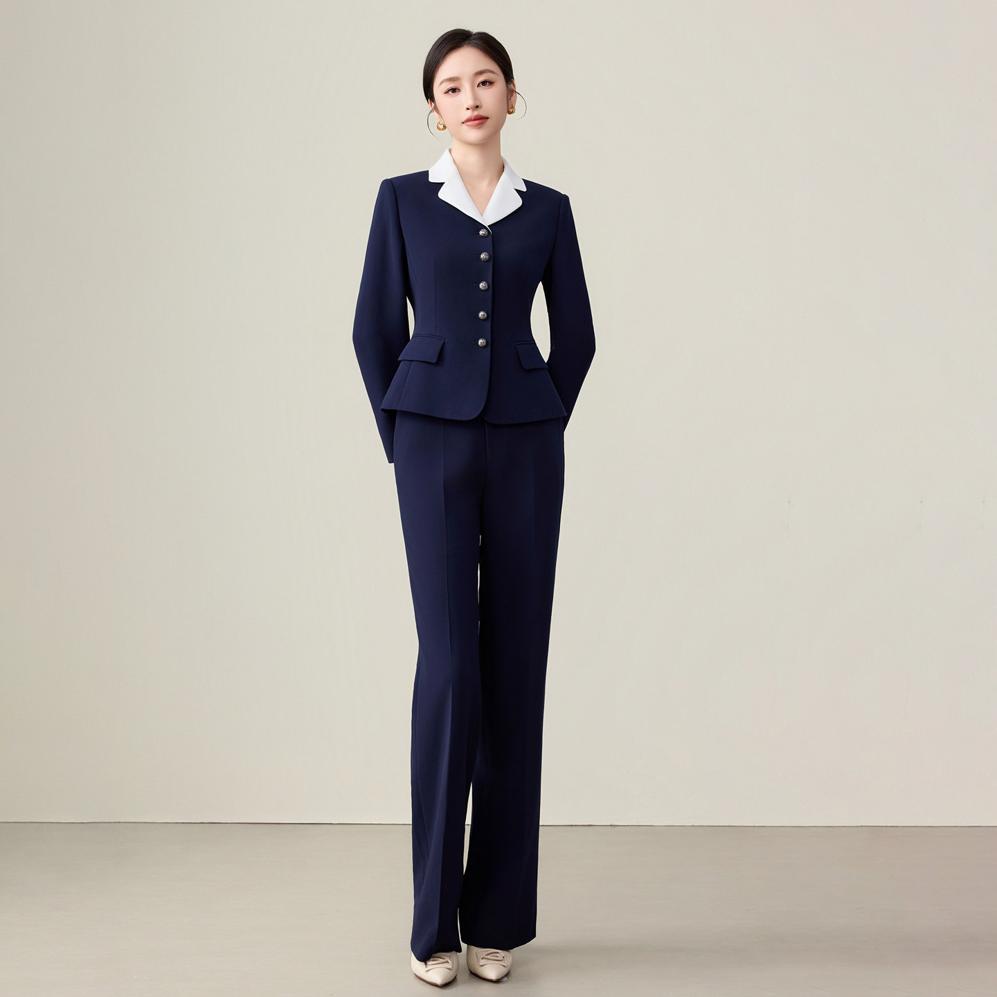 钟老板2025新款藏青色拼接领西装套装女气质西服正装职业装两件套