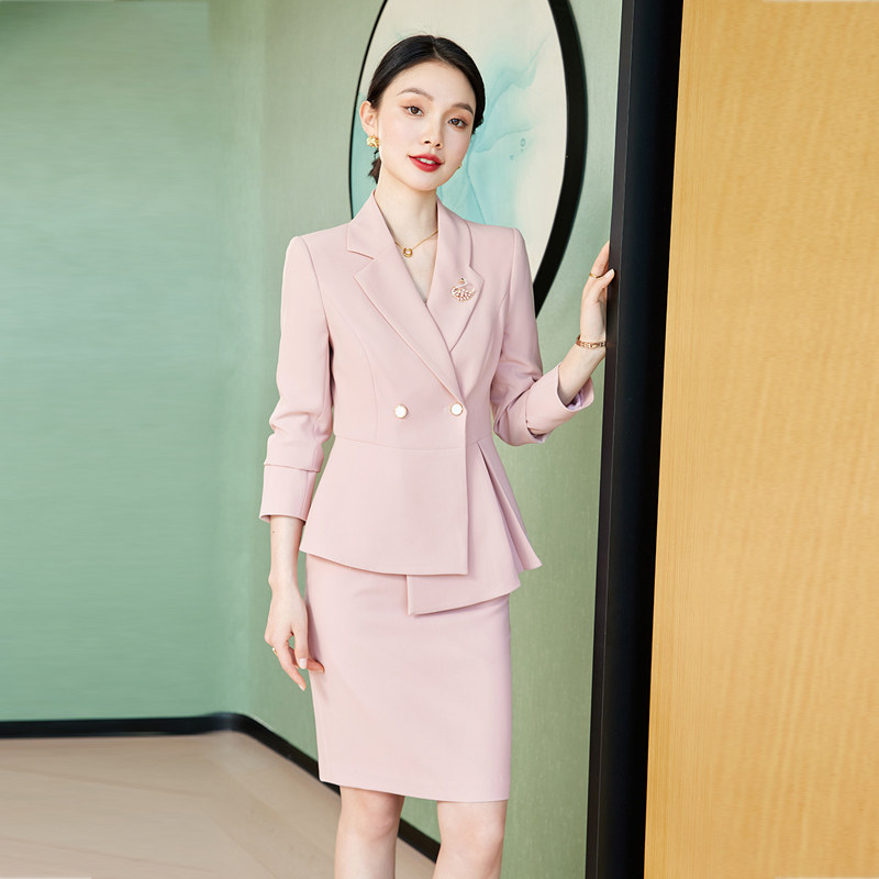 粉色西装套装女职业套裙美容院工作服正式场合艺考播音主持人正装
