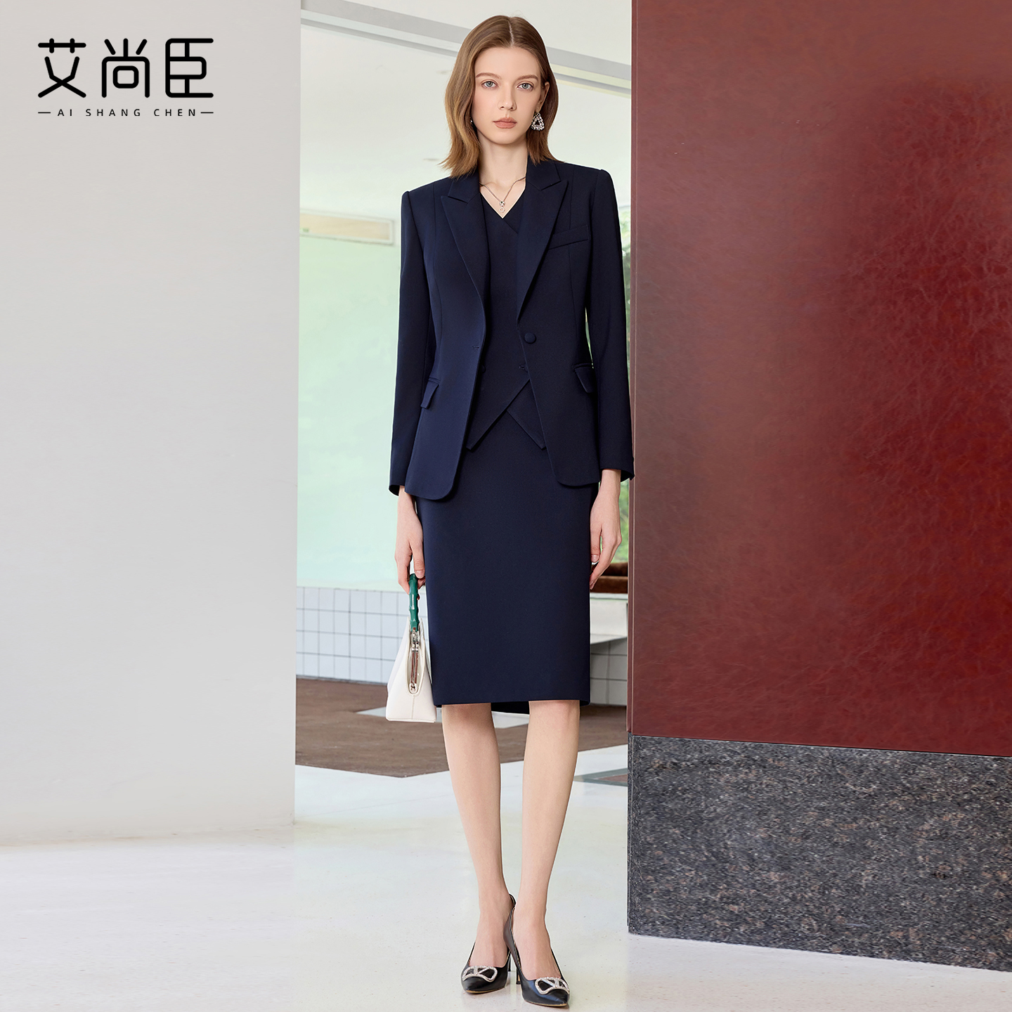 艾尚臣藏青色西装套装裙女高级感秋季气质商务正装小个子职业穿搭
