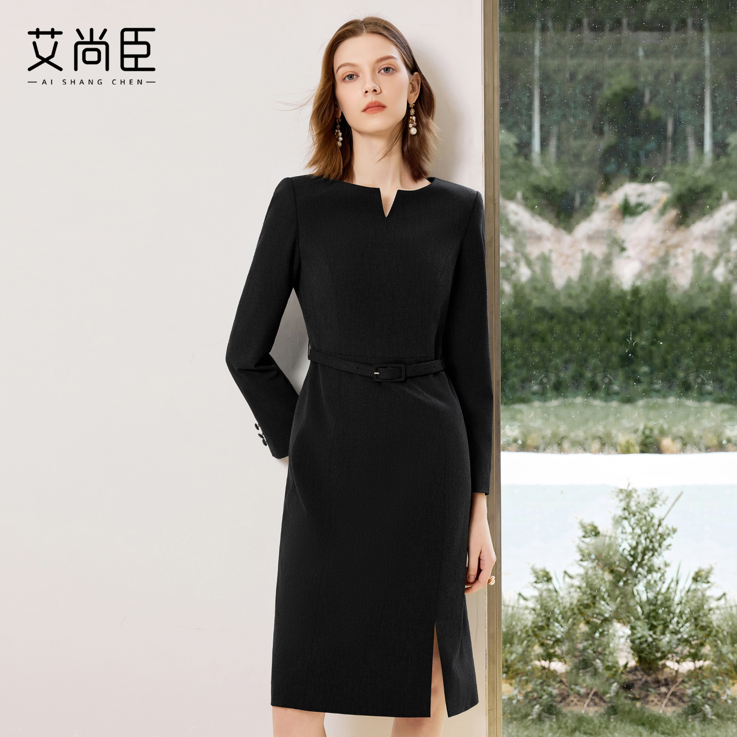 艾尚臣黑色西装连衣裙女气质高端小个子职业装主持人上镜装小黑裙