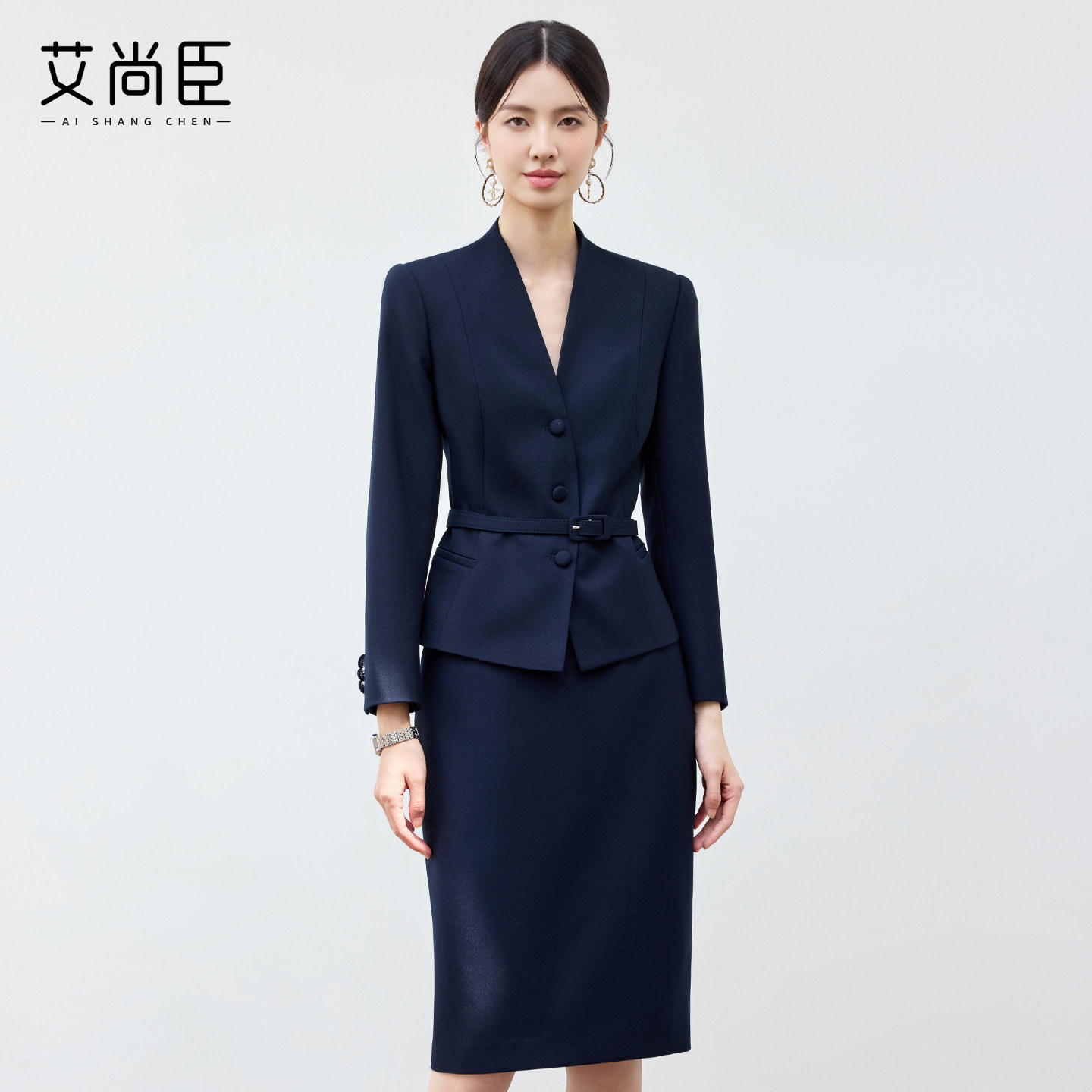 艾尚臣藏青色气质轻熟风职业西装套裙珠宝店酒店职收腰显瘦工作服