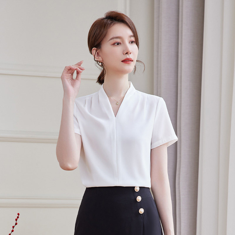 诗璐雅白衬衫女V领时尚女神范职业上衣西装打底衬衫气质通勤衬衣