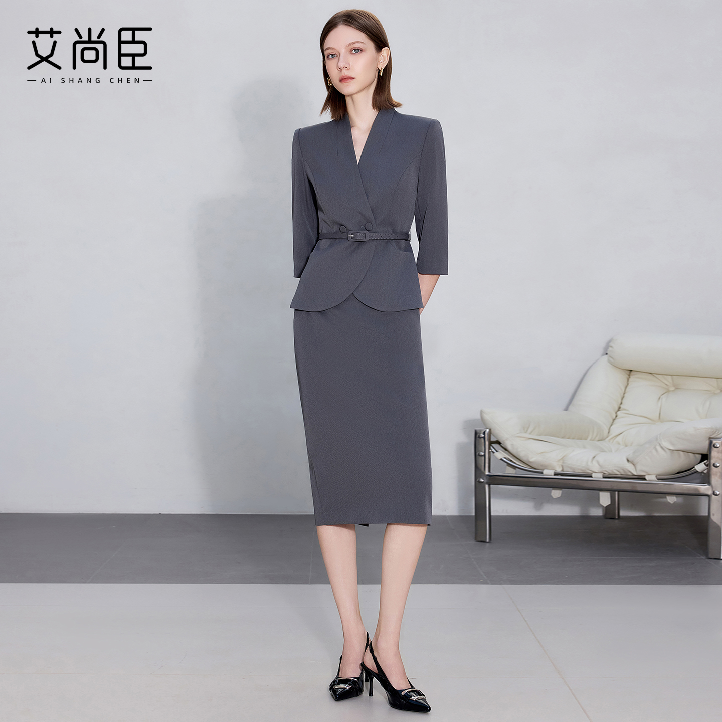 艾尚臣职业西装套装裙女秋深灰色职场西服正装上班通勤修身工作服