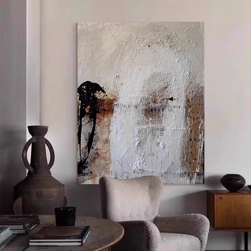 纯手绘油画焕奕肌理抽象客厅背景墙装饰画侘寂风玄关立体无框挂画图片