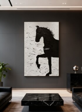 手绘油画马到成功客厅黑白骏马装饰画入户玄关肌理画办公室壁挂画