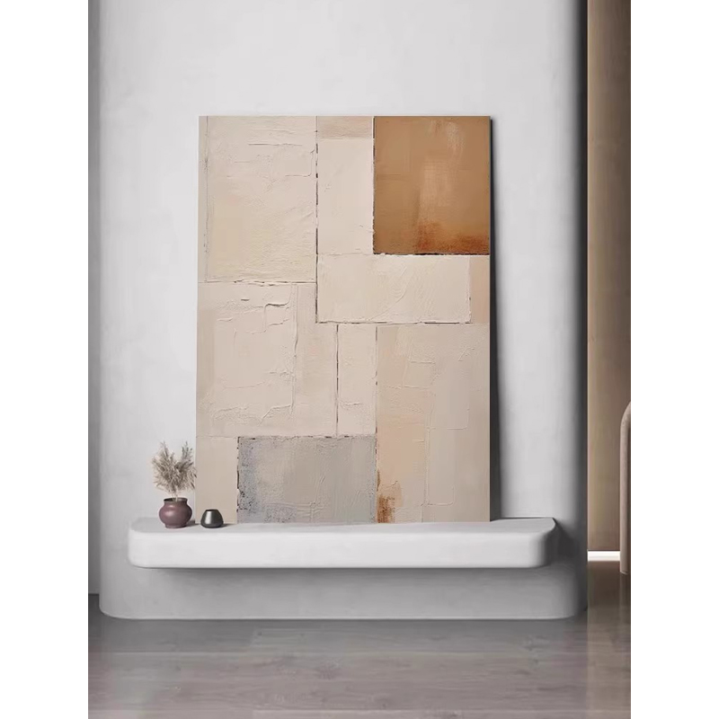 侘寂风手绘油画客厅背景肌理挂画餐厅简约几何抽象色块玄关装饰画图片