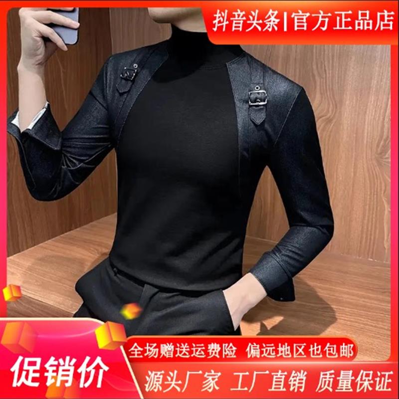 鹏然轻奢男装双12n潮流牛仔背带半高领长袖T恤秋冬新款男士打底衫