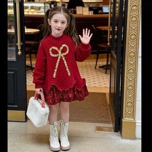 童心美童装优选女童秋冬季洋装新款儿童洋派亮闪闪红色洋装