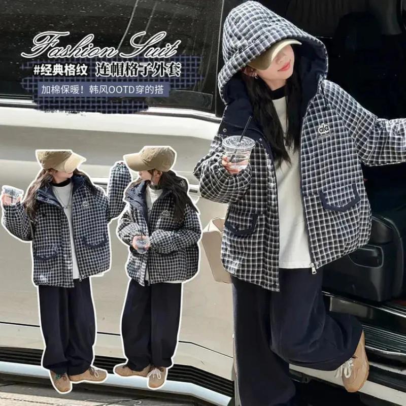 梦迪潮童馆女童夹棉外套秋冬装冬洋气格子儿童加厚棉Y夹克上衣外