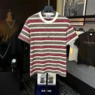 洪启轻奢男装 轻奢条纹上衣男 欧货2025品j质商务T恤新款 男M士夏季