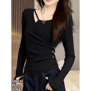 装 时尚 饰b扣子纯色收E腰修身 显瘦洋派长袖 麓言秋季 上衣女装 新款