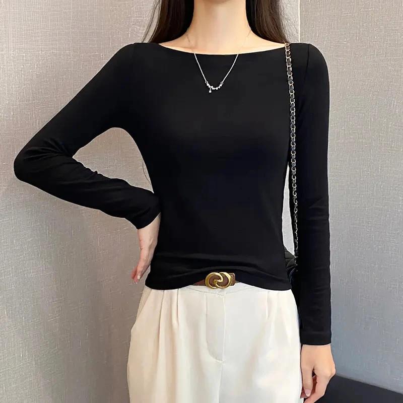 观宇百货秋e冬黑色一字肩长袖t恤女修身打底衫百搭性感露肩上衣潮