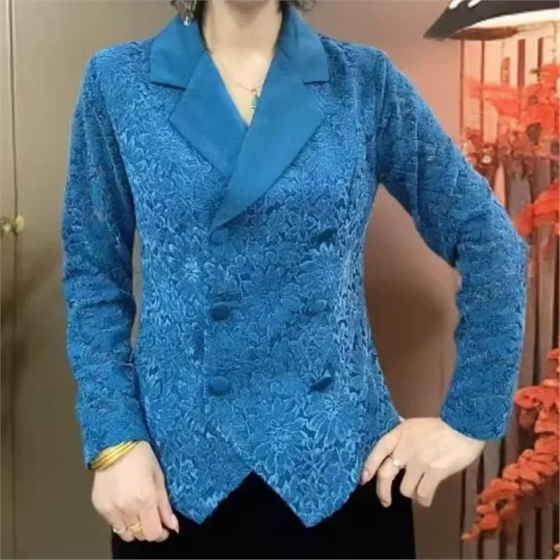 春秋新款长袖气质洋气时尚显瘦提花西装领外套中老年女打底衫上衣