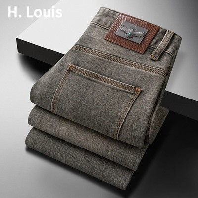 男爵公馆J轻奢店加绒加厚灰咖棕牛仔裤秋冬男士轻奢弹力修身长裤