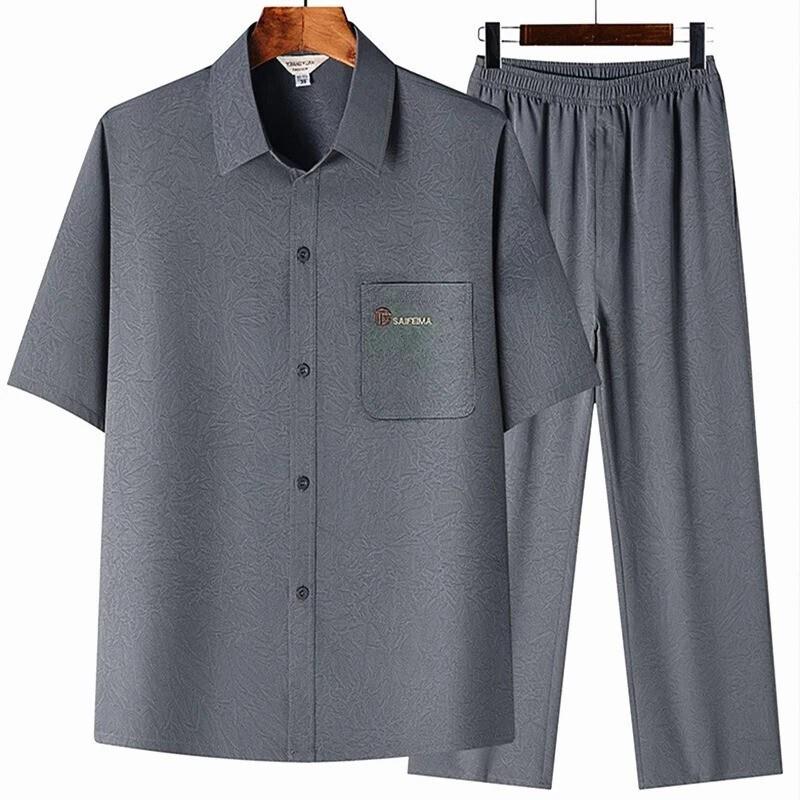 方元名品3夏季冰丝薄款男士套装中老年人短袖衬衫宽松民族两件套
