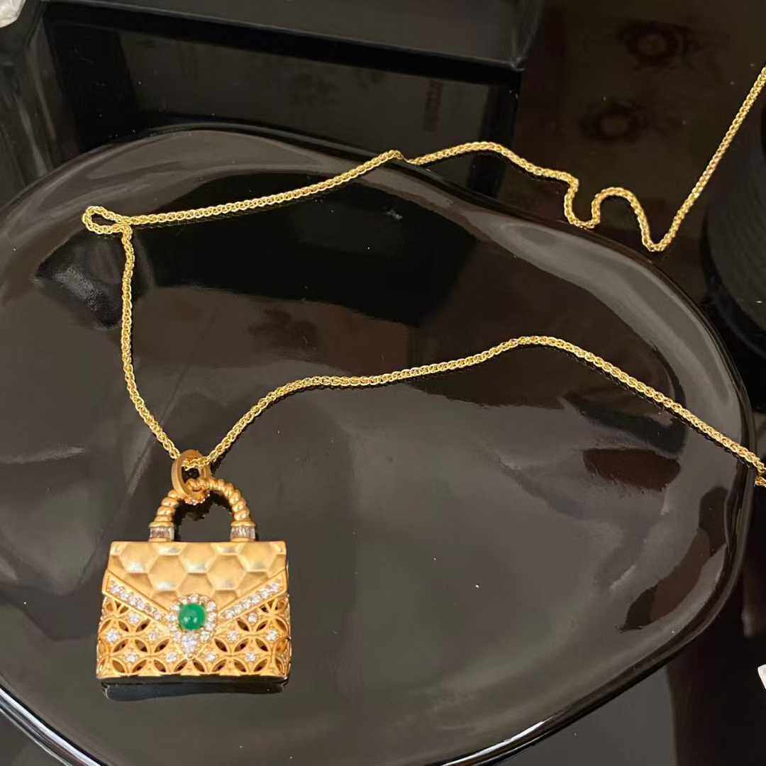 玫瑰金满钻包包造型项链女时尚链条吊坠金属手柄包造型吊坠