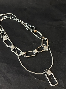 欧美朋克风金属几何链条项链女银色双层锁骨链时尚个性镂空吊坠