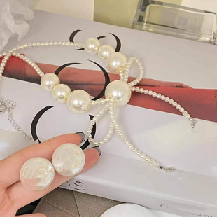 新款网红时尚大小仿珍珠项链女超仙串珠蝴蝶结流苏颈链珍珠耳钉