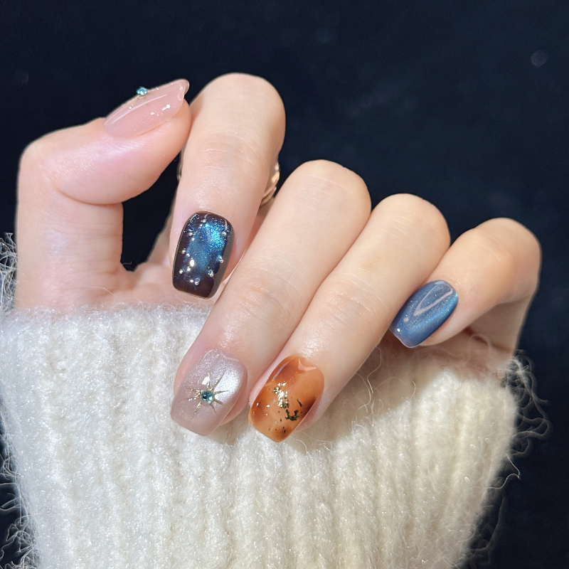 秋冬新款美甲片琥珀晕染猫眼巴洛克显白手工假指甲成品高级穿戴甲