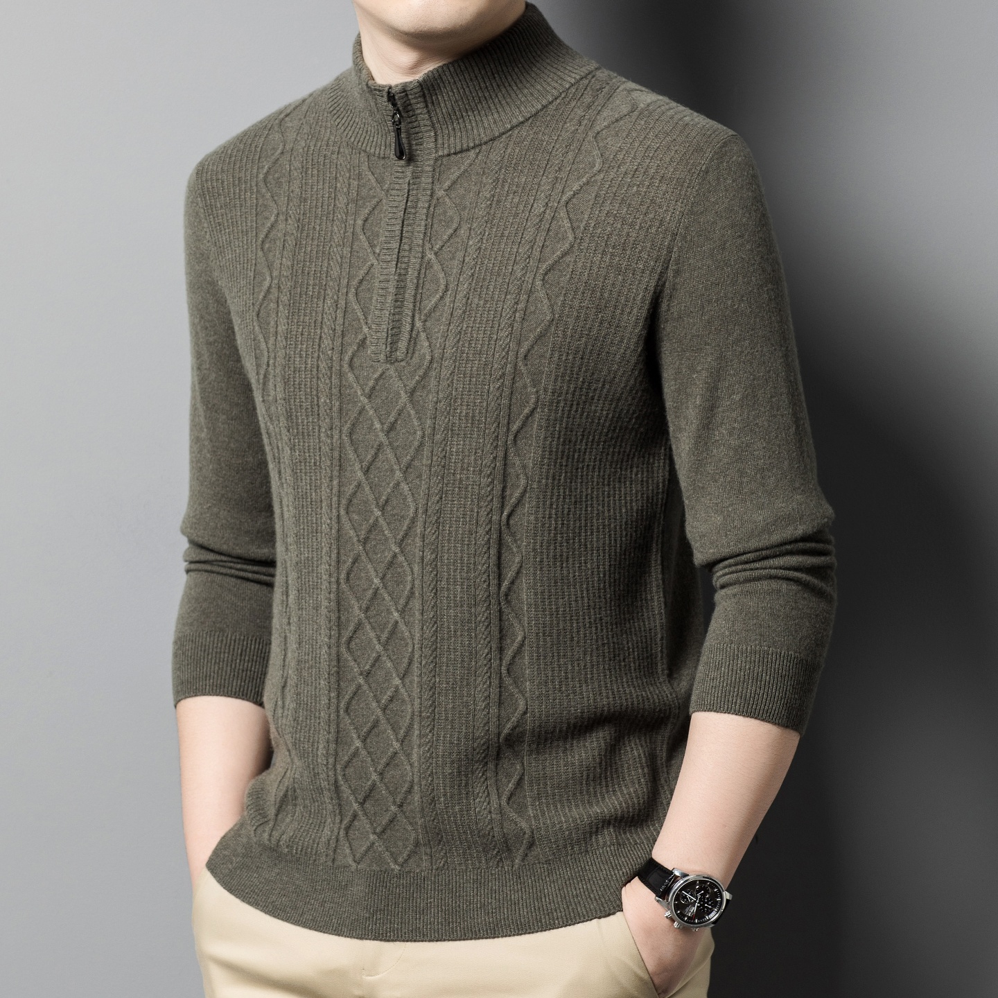 上海春竹世家羊绒衫男士纯羊绒中年半高拉链领品牌扭花针织衫毛衣