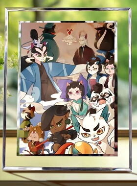 京剧猫群像水晶玻璃相框摆件高清