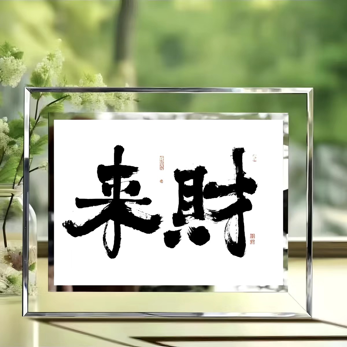 发财搞钱水晶玻璃摆台餐厅书法客厅桌面装饰画字画毛笔相框摆件图片