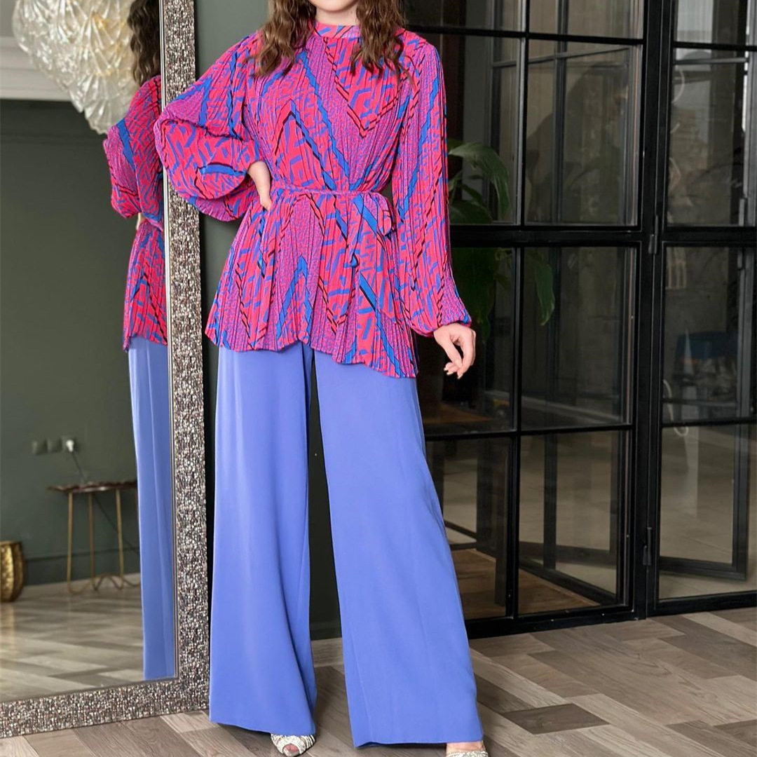 欧美女装时尚褶皱通勤衬衫高腰阔腿裤套装女 Wide leg pants set