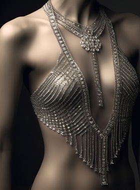 Fashion Rhinestone Exaggerated Necklace Chest Chain Set