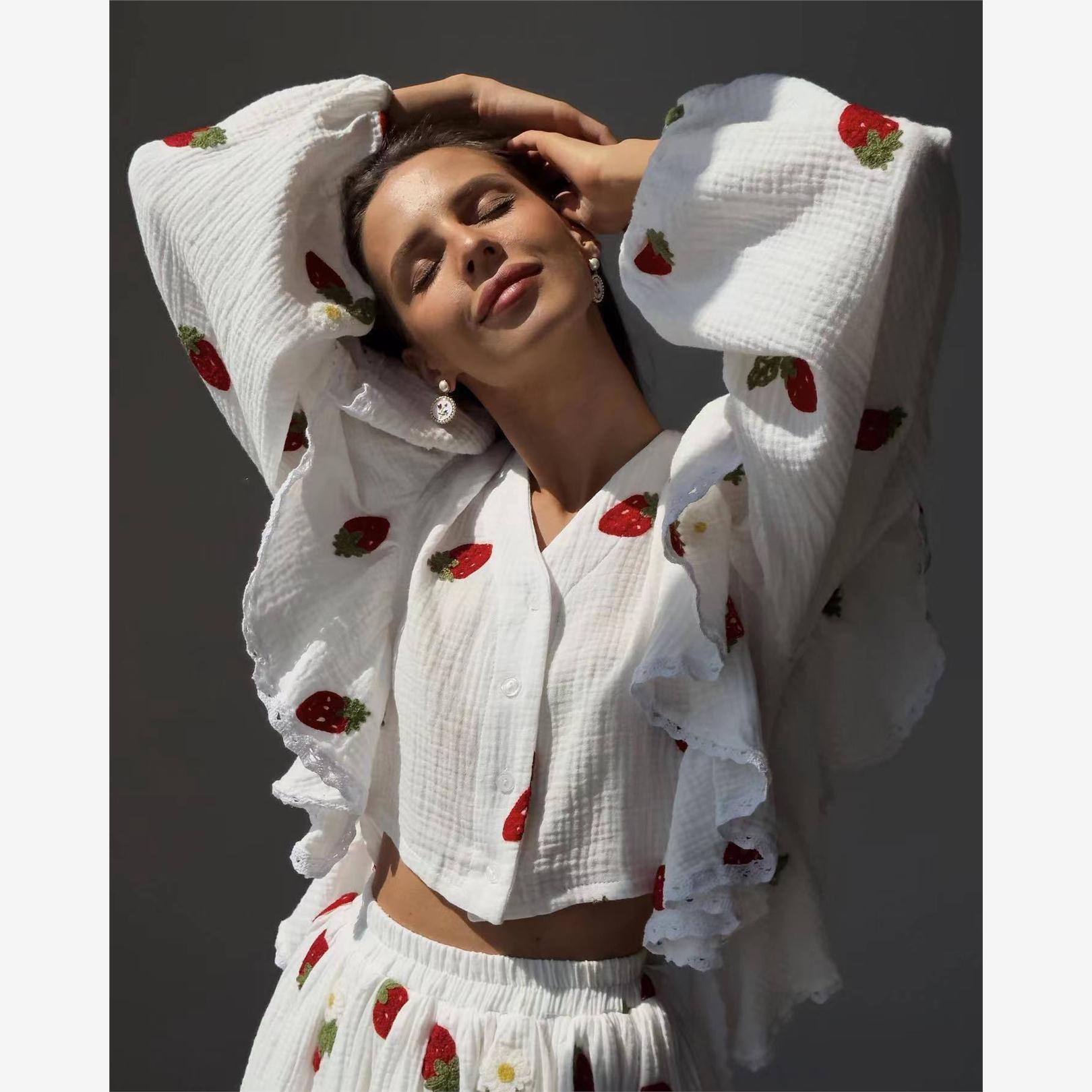欧美荷叶边草莓印花衬衫短裙套装 Printed shirt short skirt set