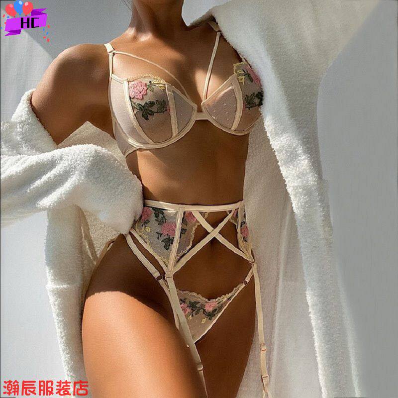 women's lace mesh underwear gathered three-piece suit 性