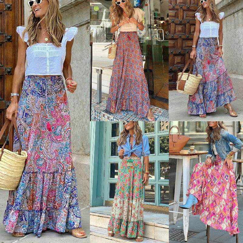 Cross border printed long skirt with ruffle edge skirt