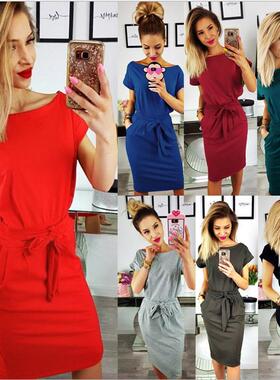 2020夏季新款速卖通亚马逊wish爆款货源 时尚系带圆领口袋连衣裙