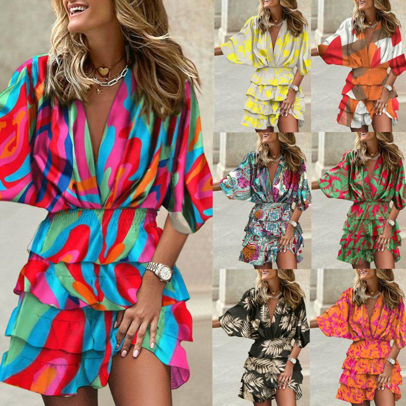 women's autumn bat sleeve V-neck irregular hem dress