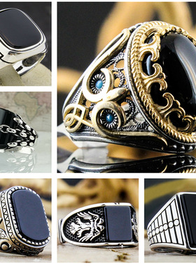 欧美流行复古花纹黑面锆石戒指指环男 African Men's Ring