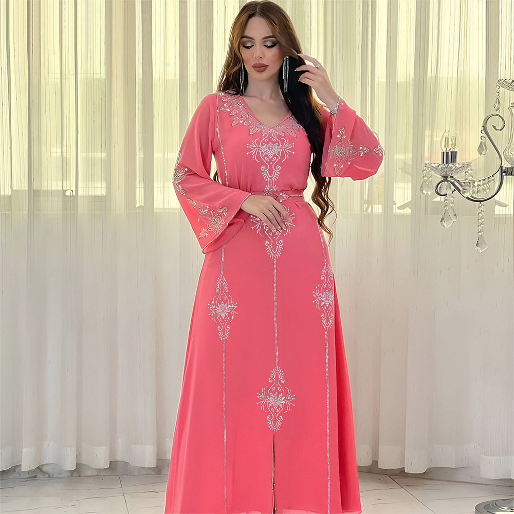 中东阿拉伯迪拜时尚烫钻礼服裙印尼旅游雪纺袍 long dress women