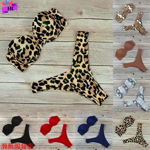 2020 leopard wrap breast sexy split bikini girl性感比基尼