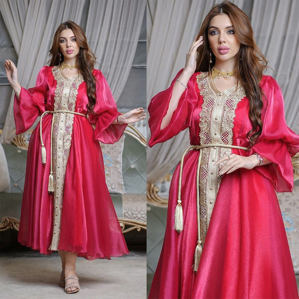 土耳其四季通用灯笼袖晚礼服连衣裙长袍含腰带 dress
