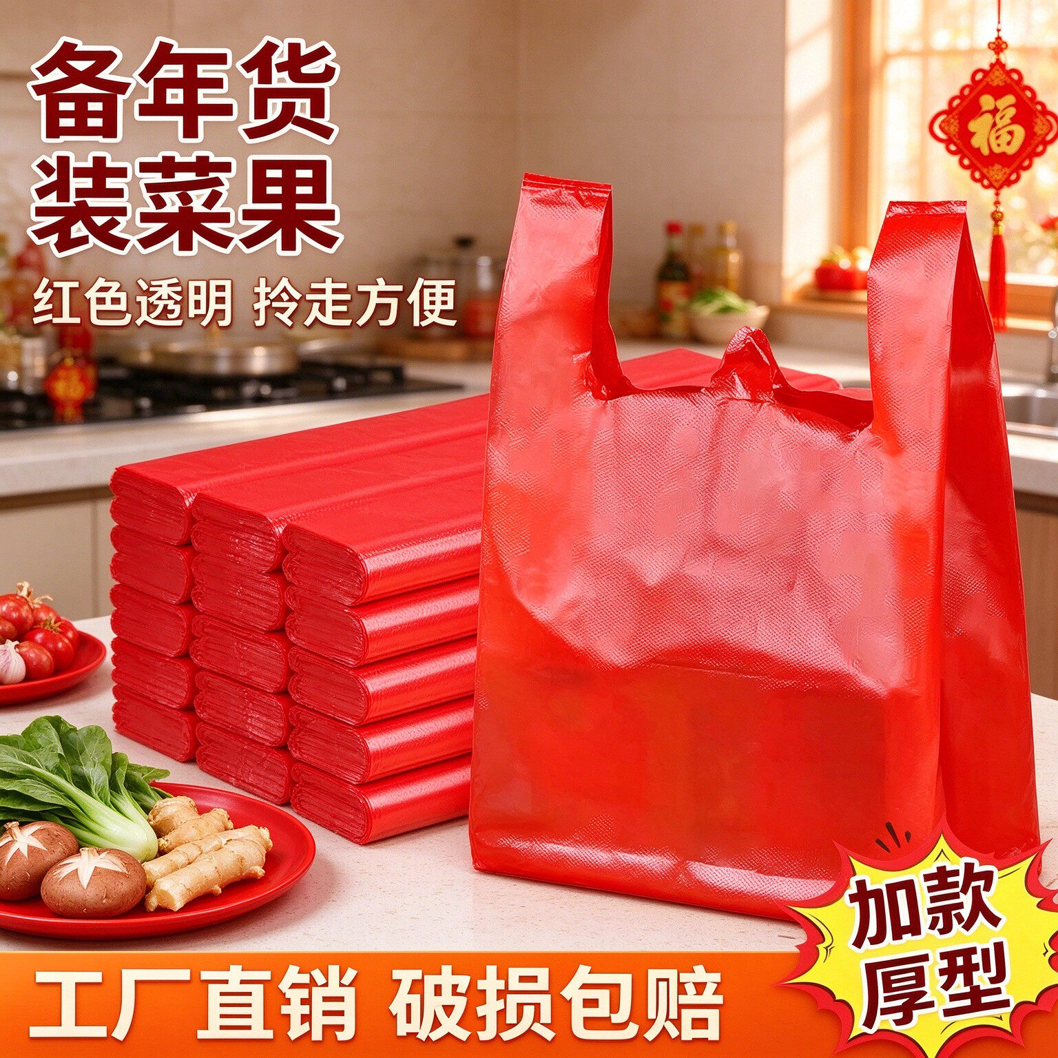 红色透明背心塑料袋新年年货手提袋拜年水果零食打包一次性购物袋