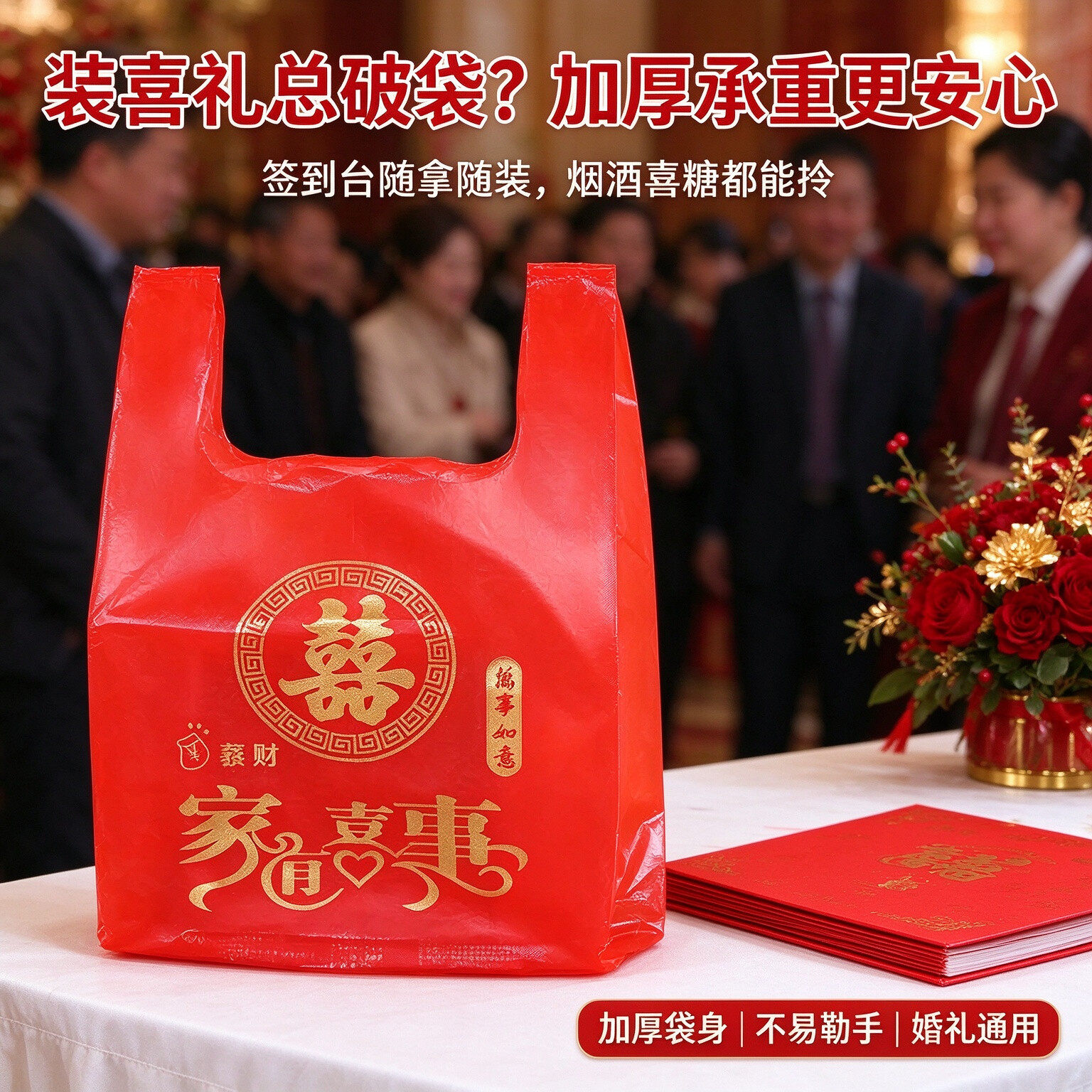 结婚大红喜字背心塑料袋中式喜宴伴手礼手提袋喜糖烟酒礼品红袋