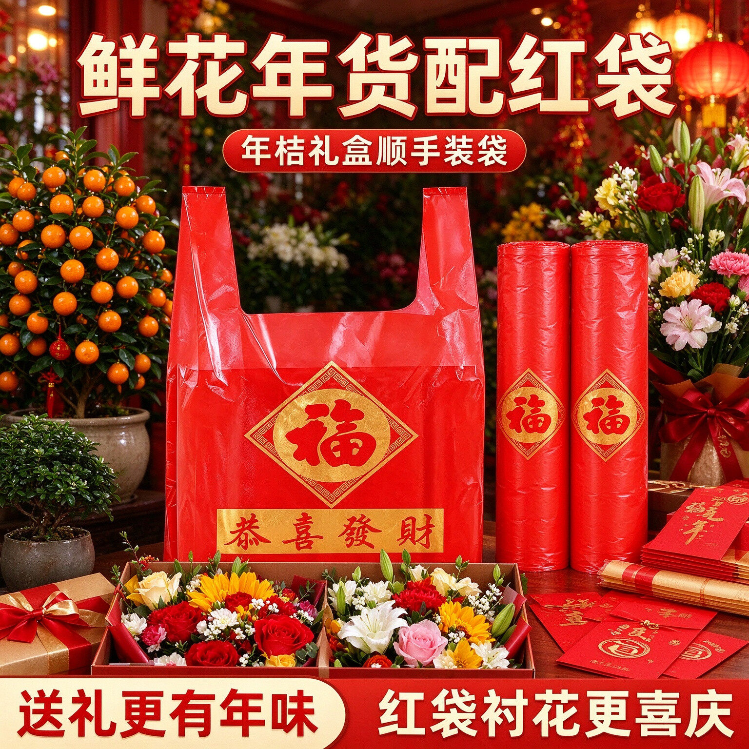 春节干果铺金福红背心袋年货礼盒打包塑料袋拜年送礼手提袋子