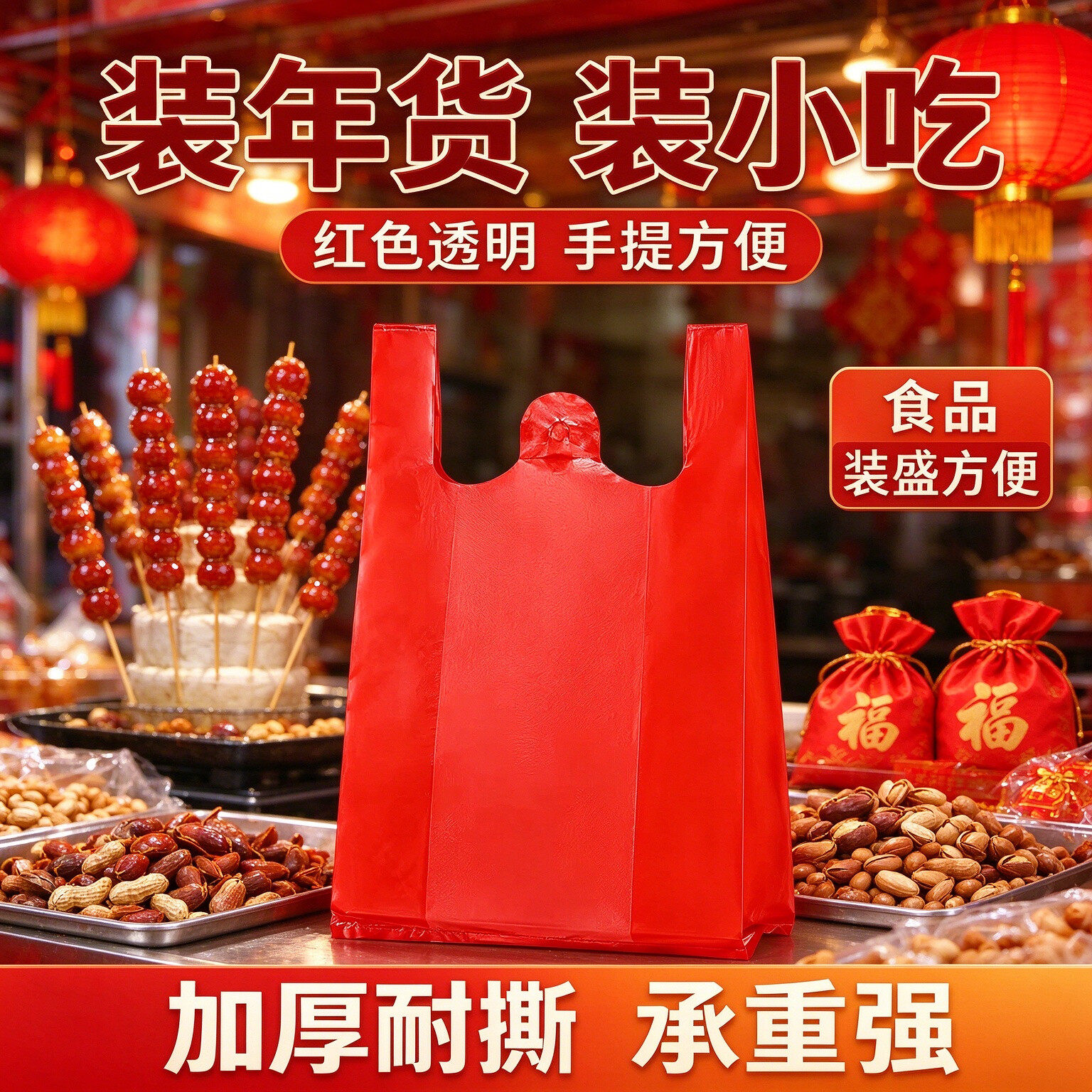 红色透明塑料袋新年年货手提背心袋走亲戚礼品干果加厚购物方便袋