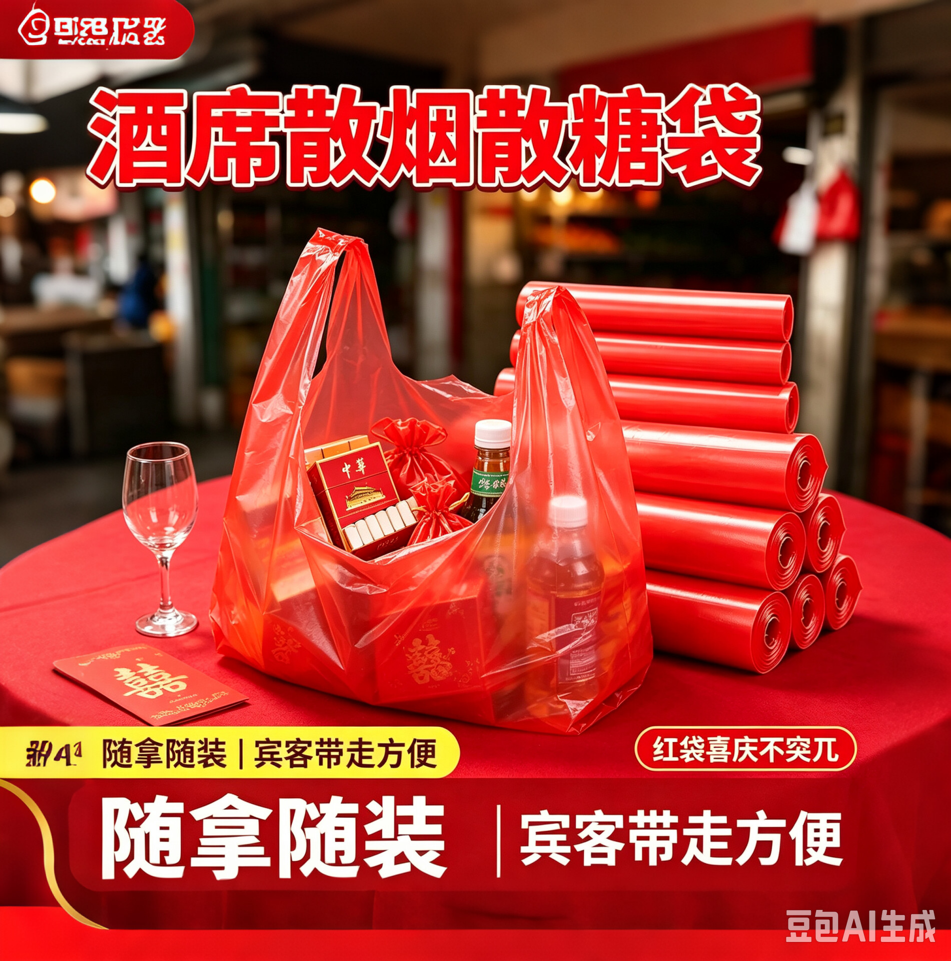 红色手提塑料袋喜事婚宴打包袋婚礼喜宴酒席糖果礼品加厚购物袋子