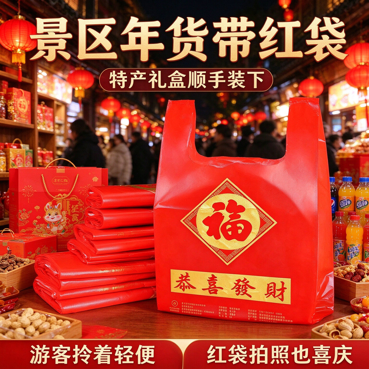 新春送礼置办福字手提塑料袋过年红背心袋年货特产礼盒收纳打包袋
