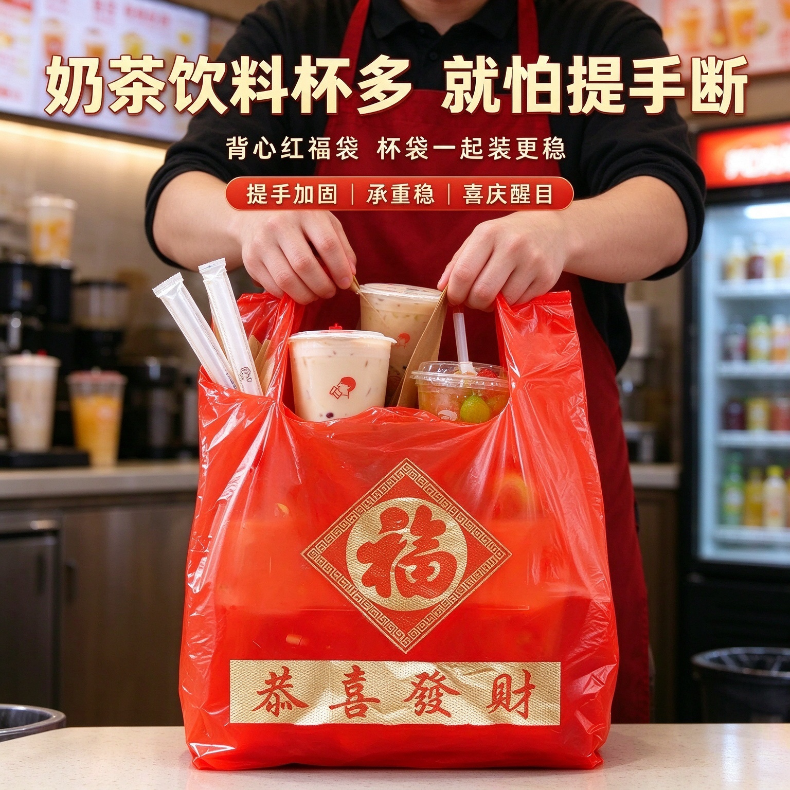 中式快餐红福字外卖打包塑料袋恭喜发财背心袋厚不勒手提手商用