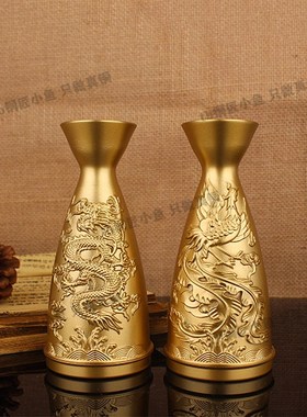 速发纯全铜小酒壶老式二两酒壶黄龙古代花瓶铜凤浮雕酒壶摆件风分