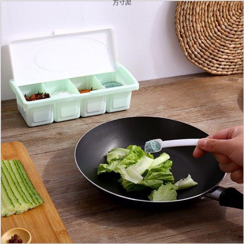 速发素色子盖4格调味盒调味罐厨房分隔调勺带味精盐罐调料带味料