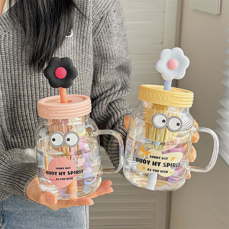 速发玻璃杯咖啡硅高硼杯耐高温水杯高颜值吸管杯子带把手茶