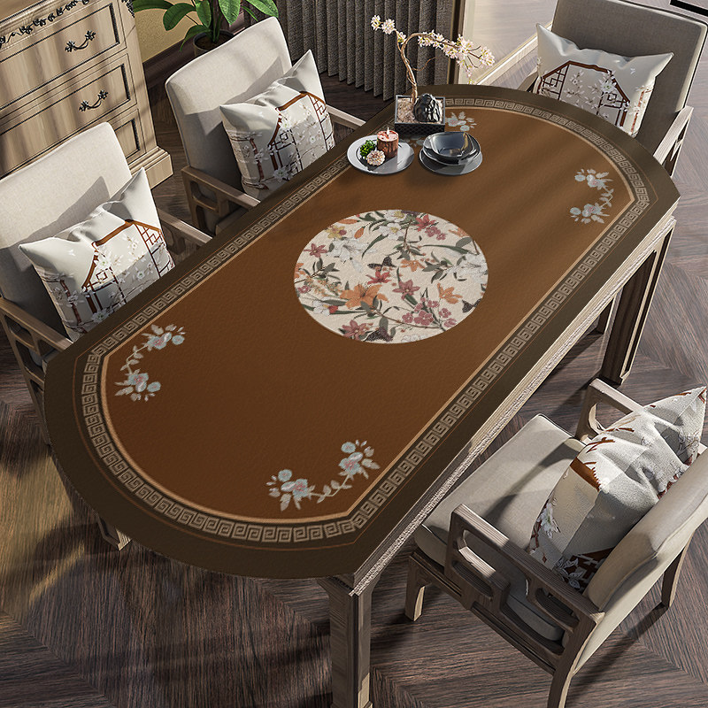 速发新中式皮革实木伸缩折叠椭圆形餐桌垫子桌布防洗防油免水台几