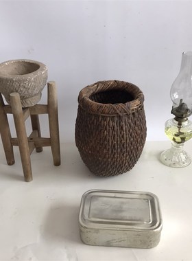 速发农村家俗老架件煤油灯米斗升花物老石臼老饭盒农民院复古怀旧