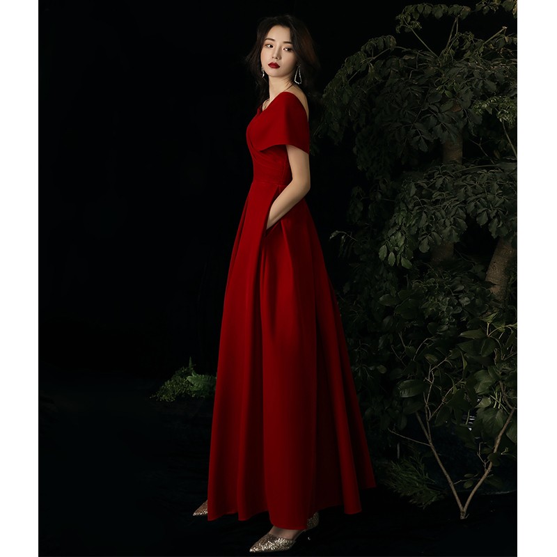 速发敬酒服新娘冬季平时可穿订婚连衣裙酒红回冬婚晚礼服裙色门结